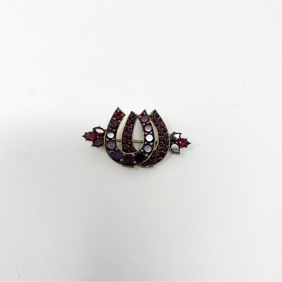 697 Antique Victorian red Garnet Double Horseshoe Brooch good luck pendant - Picture 1 of 5